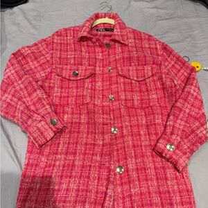 Zara Hot Pink Tweed Jacket with Silver Threading Xs